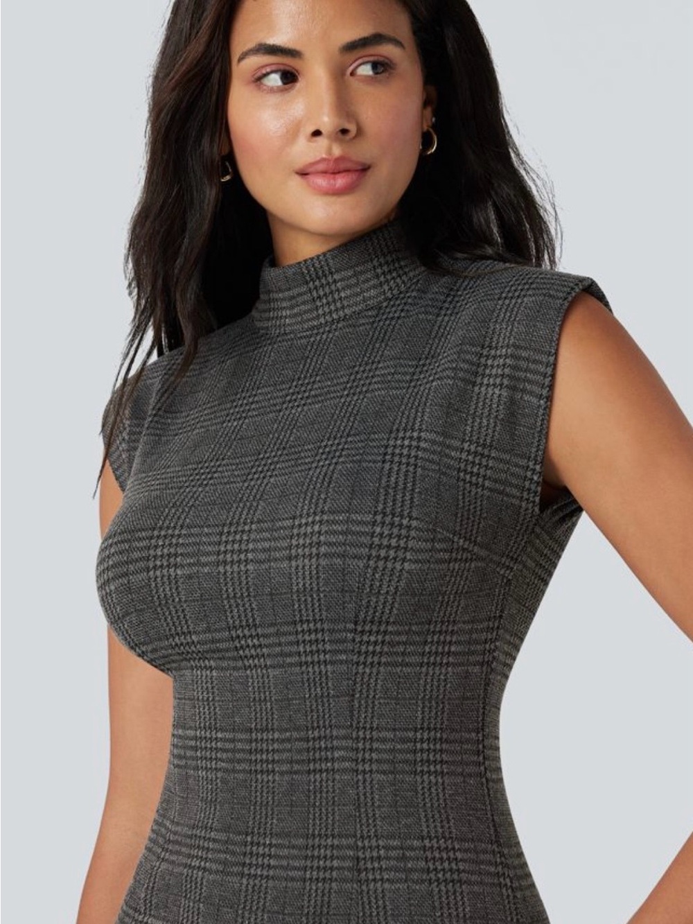 HALARA High Neck Sleeveless Bodycon Houndstooth Plaid Midi Work Dress - Picture 5 of 13
